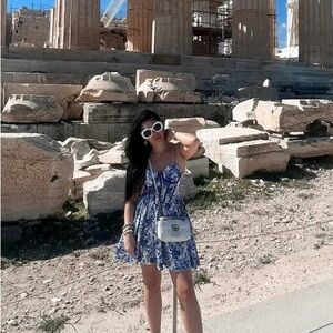 Floral Print Bustier Cami Blue And White Contrast Striped Waist Corset